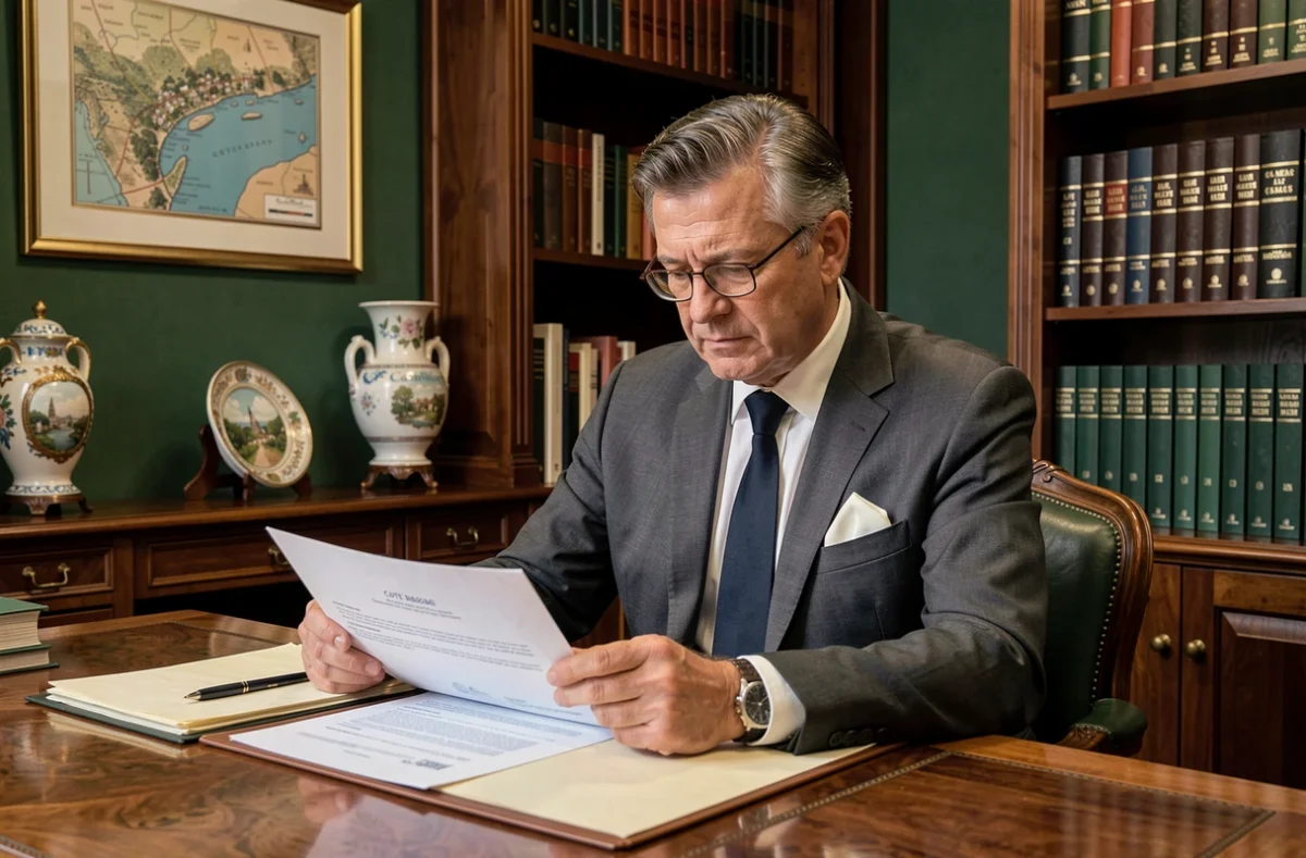 Gestionnaire du Cabinet Vogue examinant un contrat de gestion locative dans un bureau traditionnel élégant