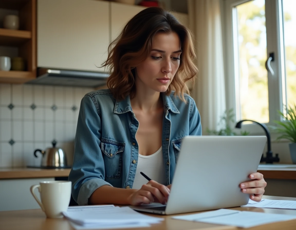 Femme consultant une annonce immobilière sur ordinateur portable depuis chez elle pour trouver un appartement en location