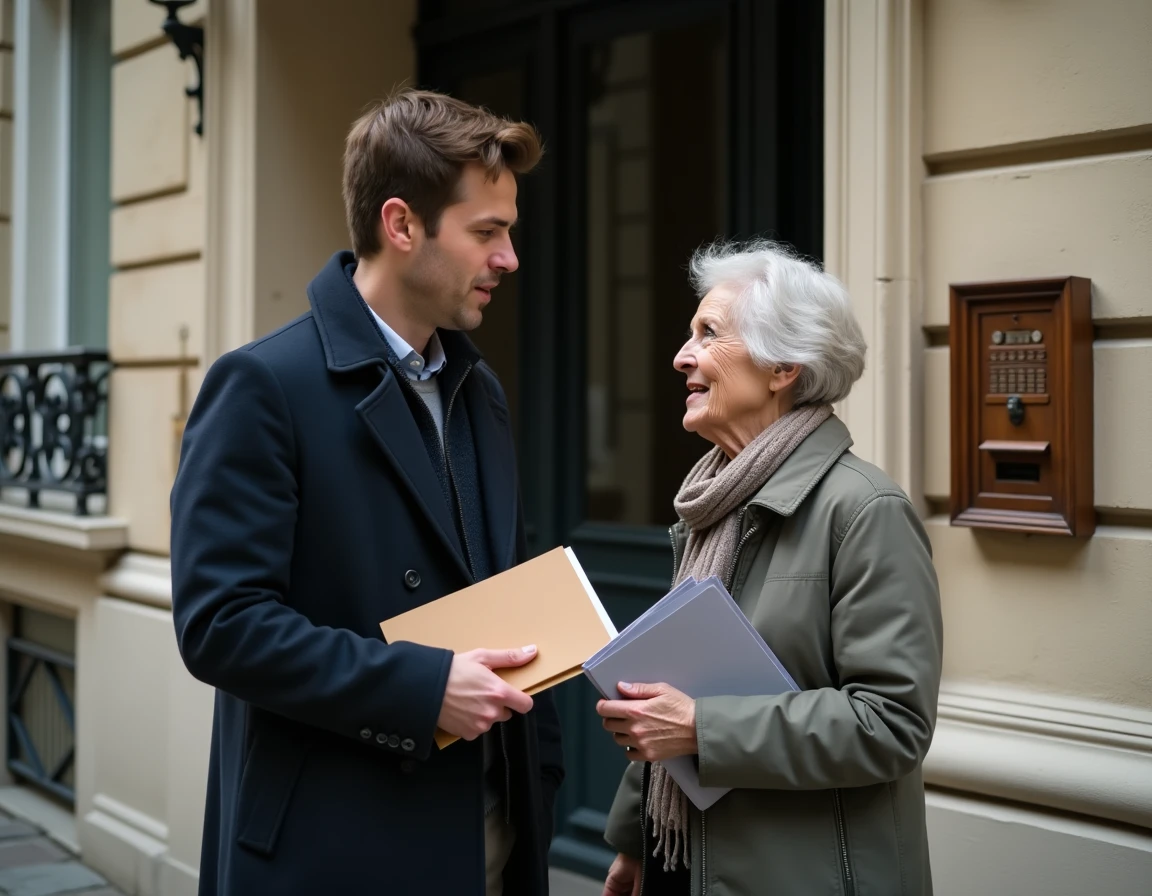 Deux candidats locataires arrivant en même temps devant un immeuble parisien pour visiter un appartement en location