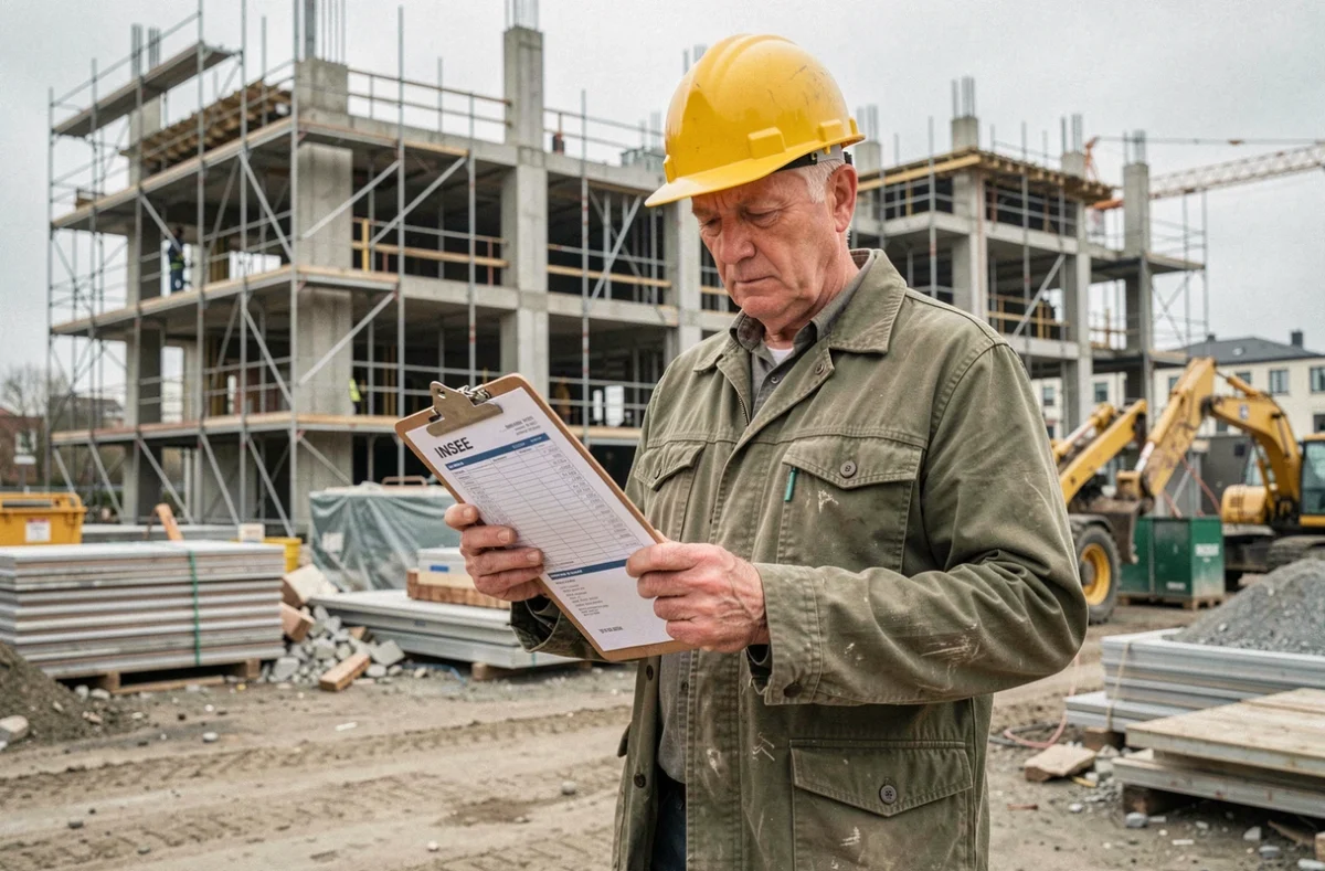 Chef de chantier consultant un document de référence sur l'indice INSEE du coût de la construction sur un chantier urbain