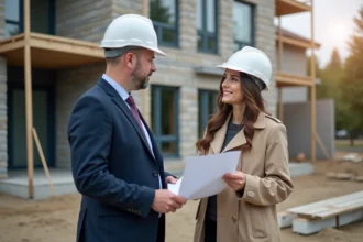 Manager de construction en costume et casque discutant avec architecte