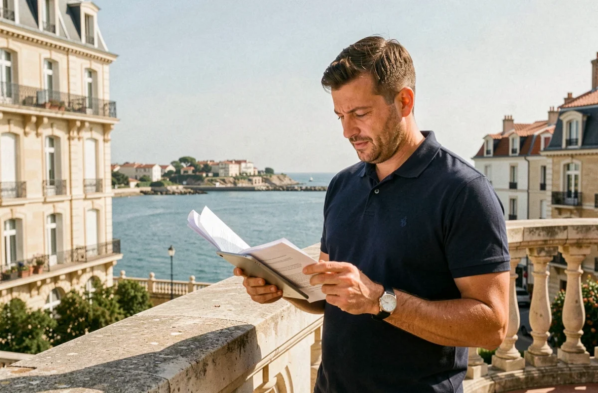 Un conseiller de Citya Côte de Beauté consultant des documents immobiliers face à l'architecture côtière de Royan
