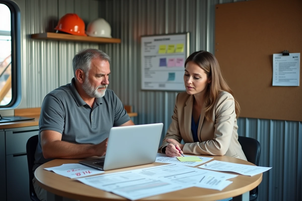Métreur et chef de projet collaborant sur une clause de révision de prix BT47 dans un bureau de chantier