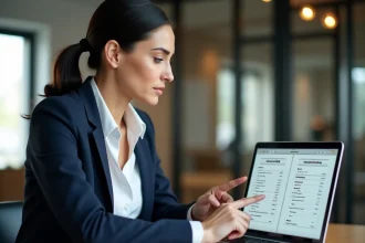 Agente immobilière comparant les estimations de Jestimo et ImmoExpert sur un ordinateur portable dans une agence moderne