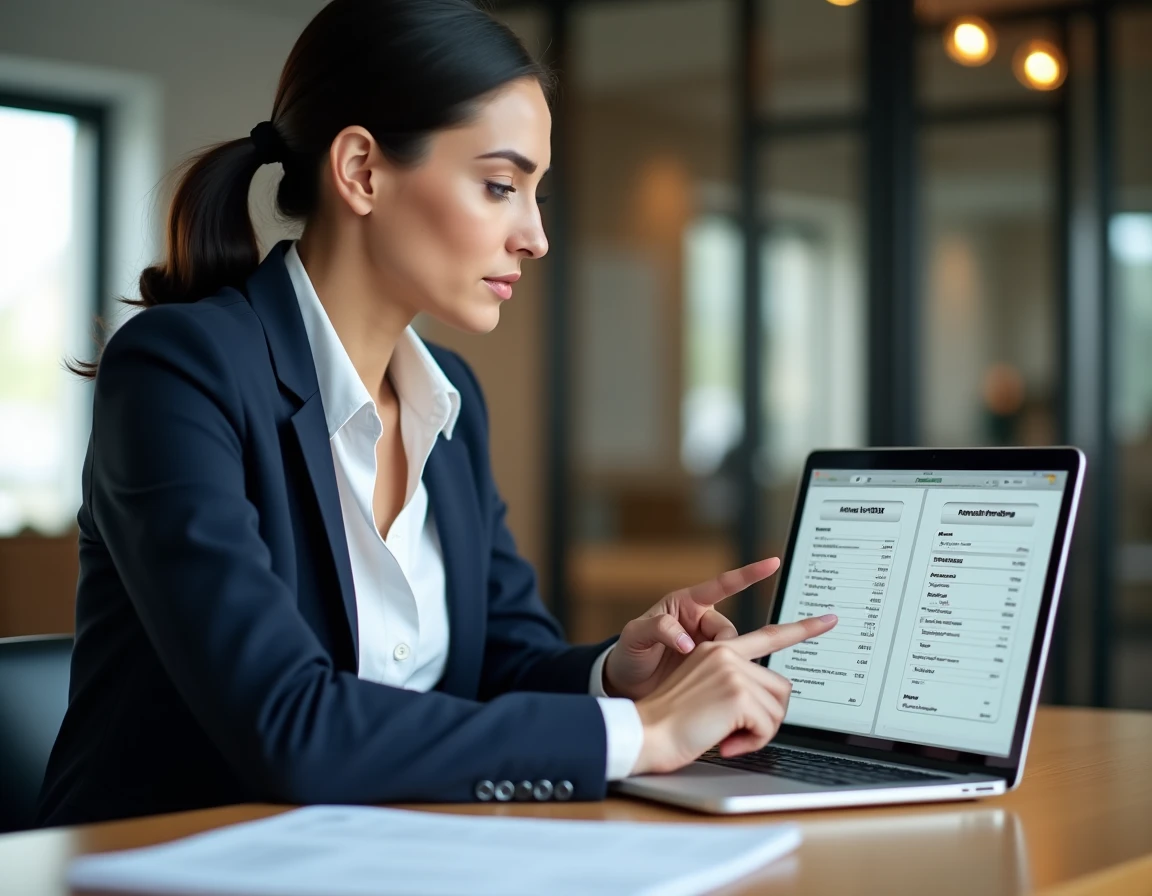 Agente immobilière comparant les estimations de Jestimo et ImmoExpert sur un ordinateur portable dans une agence moderne