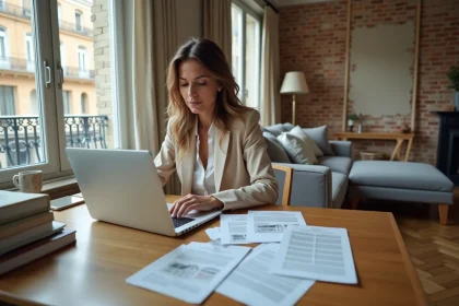 Femme comparant les prix de loyer à Lyon sur un site immobilier en ligne avec des annonces papier sur un bureau en bois