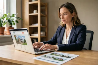 Femme consultant des données immobilières sur un ordinateur portable, comparant des annonces sur Papers Immo, Bien Ici et SeLoger dans un bureau à domicile moderne