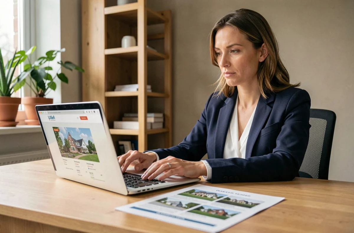 Femme consultant des données immobilières sur un ordinateur portable, comparant des annonces sur Papers Immo, Bien Ici et SeLoger dans un bureau à domicile moderne