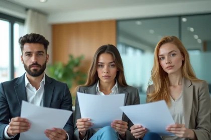 Trois candidats locataires assis dans une agence immobilière en attente d'un rendez-vous, illustrant la concurrence pour un appartement