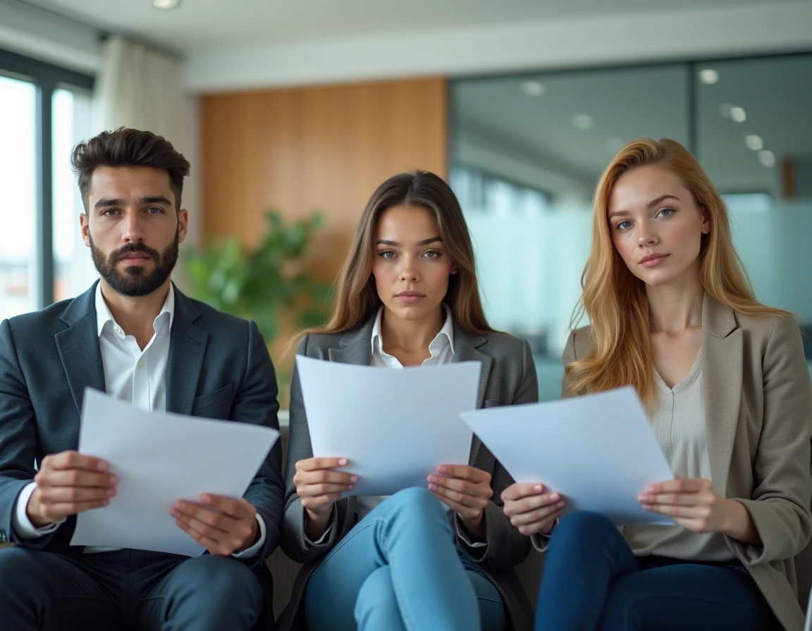 Trois candidats locataires assis dans une agence immobilière en attente d'un rendez-vous, illustrant la concurrence pour un appartement