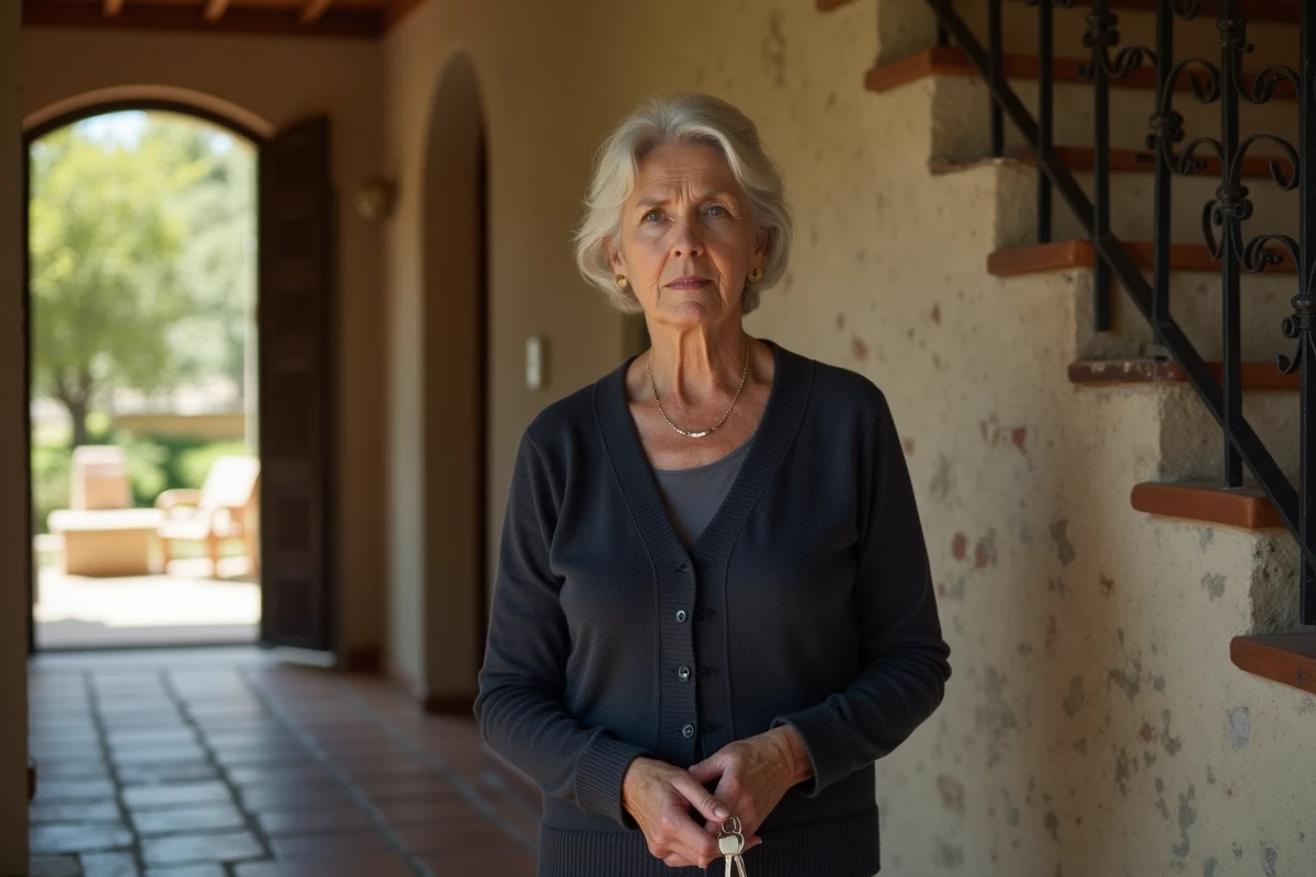 Femme âgée tenant les clés d'une maison familiale en indivision dans une demeure en pierre traditionnelle