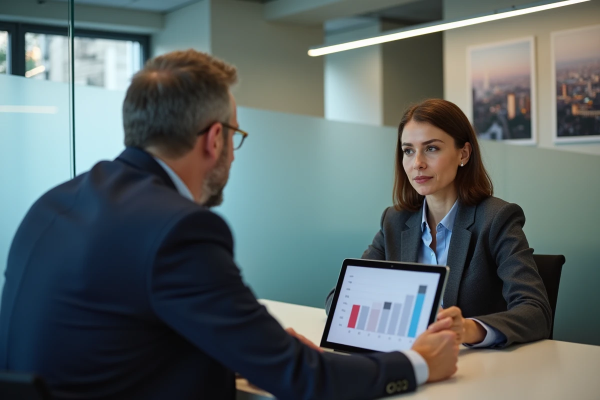 Conseiller bancaire présentant une simulation de prêt immobilier à une cliente pour financer un appartement haussmannien à Paris