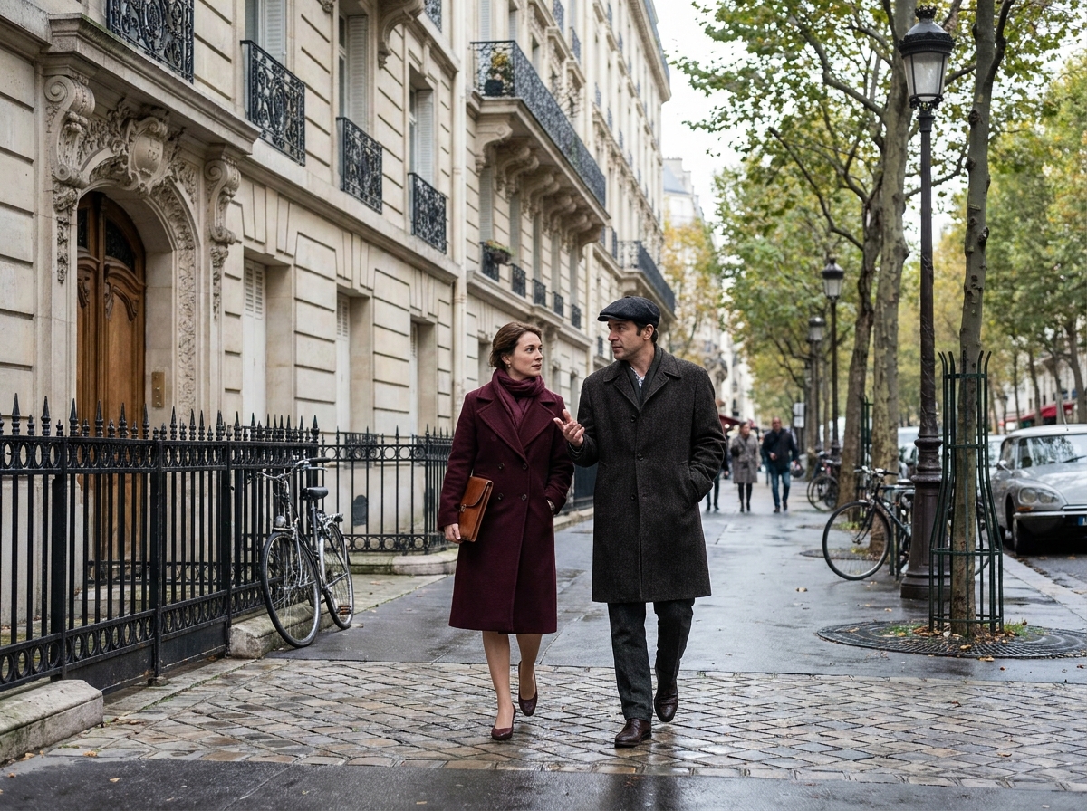 Conseillère immobilière accompagnant un bailleur propriétaire lors d'une visite de bien locatif dans un quartier résidentiel parisien