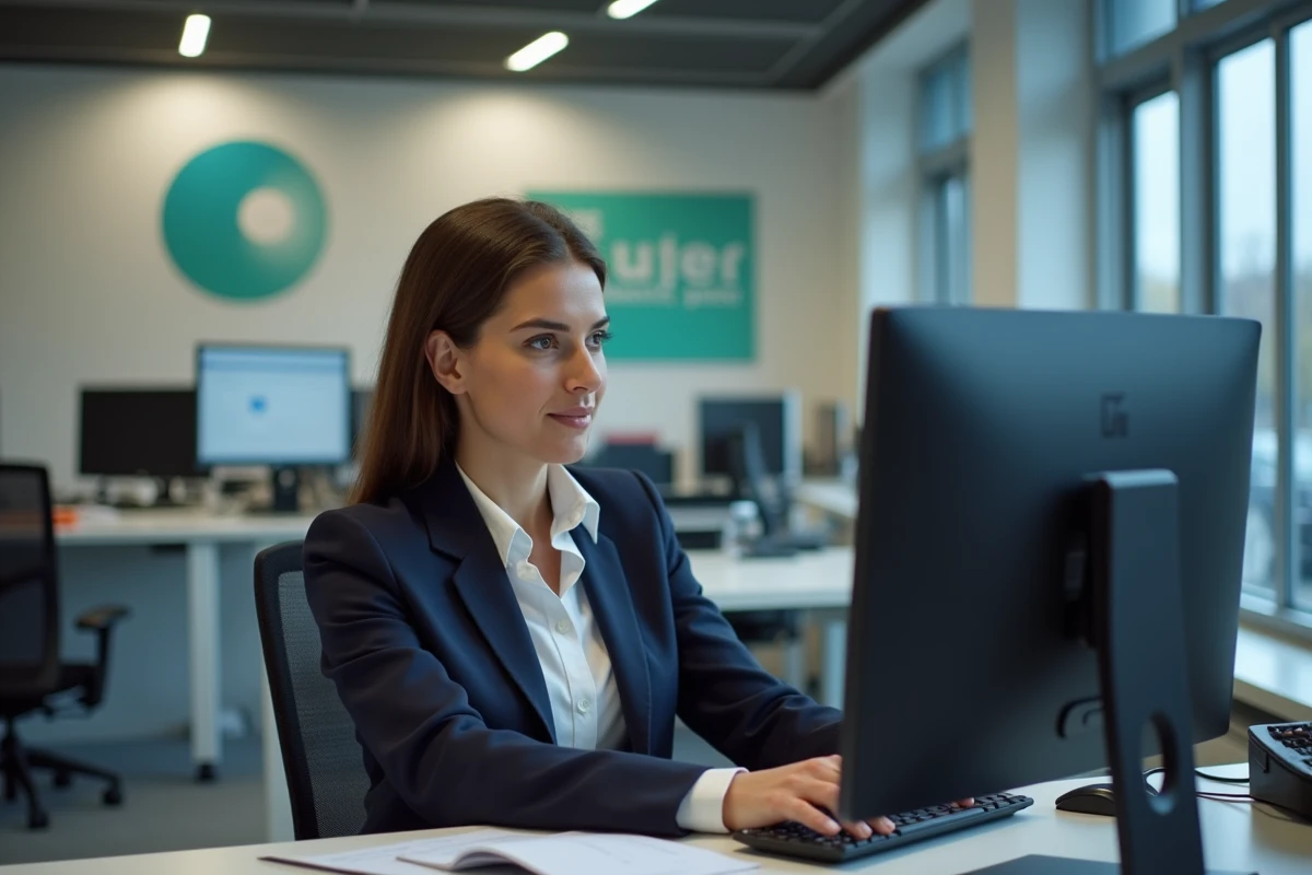 Conseillère Enedis en agence Île-de-France devant un écran de gestion de contrats