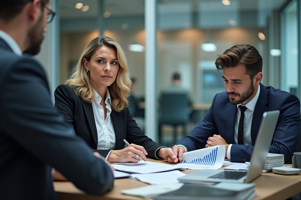 Femme en costume expliquant des papiers à un client