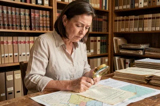 Femme consultant des archives notariales et des actes de propriété anciens pour retrouver le propriétaire d'une maison ancienne