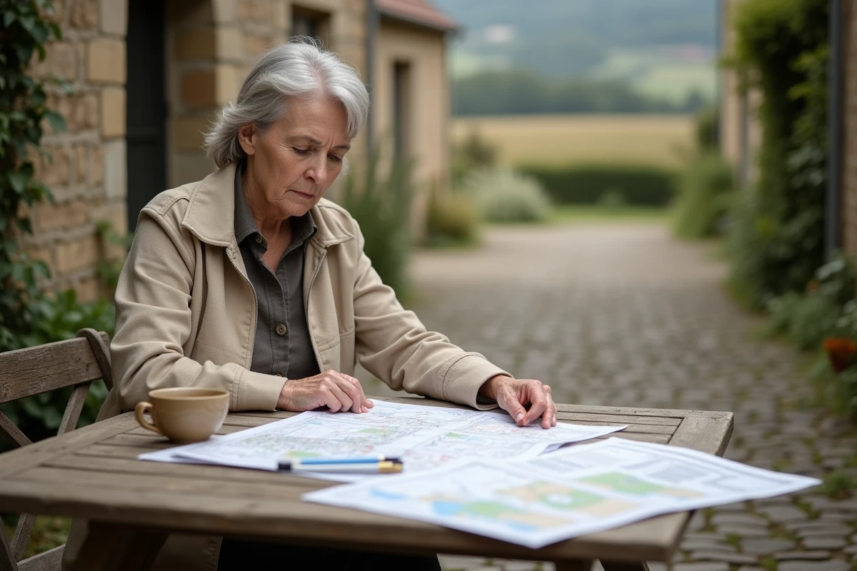 Femme consultant des documents d'urbanisme et plans de zonage dans la cour d'un hameau rural en pierre