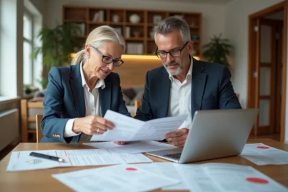 Couple examine des documents de location dans un appartement lumineux