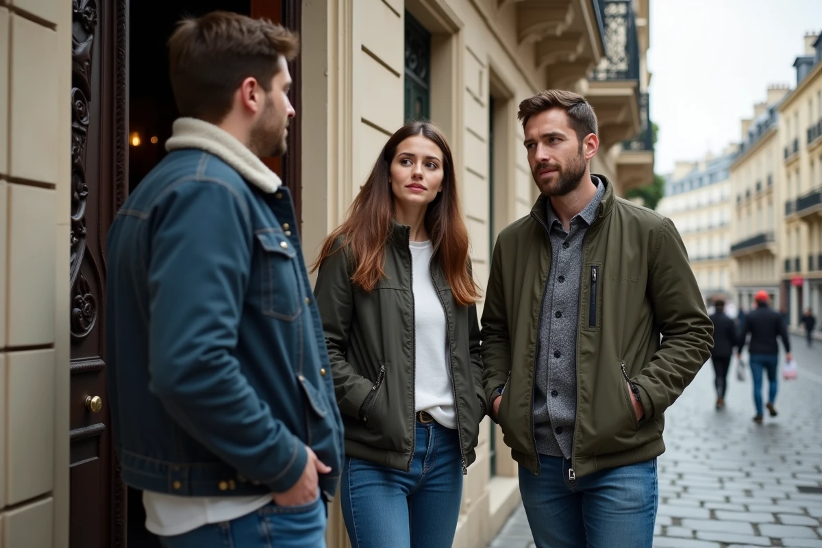 Jeune couple discutant avec un agent immobilier devant un immeuble