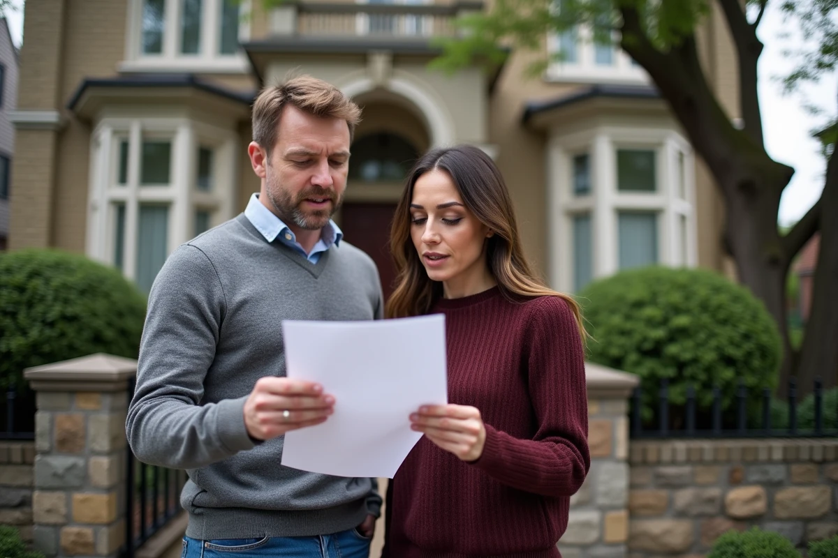 Couple d'acheteurs étudiant une offre d'achat devant une maison en pierre