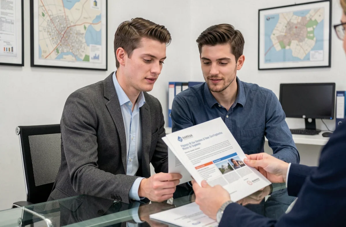 Couple en agence examinant un devis d'assurance habitation pour leur appartement locatif