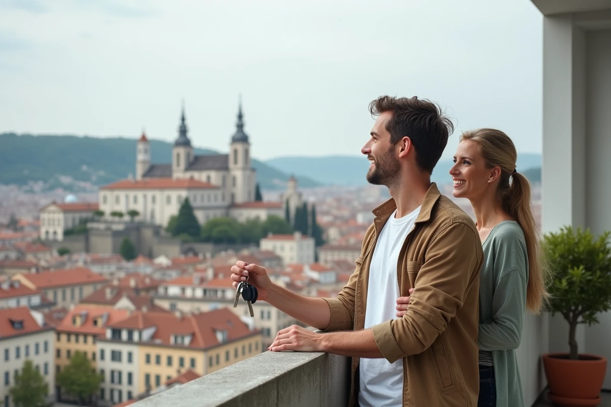 Couple sur le balcon d'un appartement lyonnais moderne avec vue panoramique sur Lyon et la basilique de Fourvière