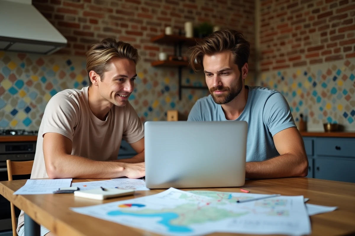 Couple planifiant un déménagement économique vers le sud de la France avec un budget sur ordinateur portable
