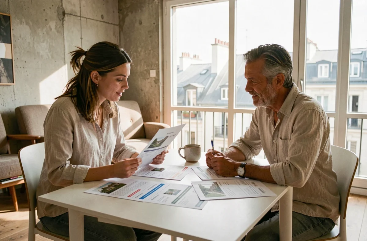 Couple étudiant des comparatifs de prix immobiliers imprimés depuis SeLoger, Bien Ici et Papers Immo dans un appartement parisien contemporain