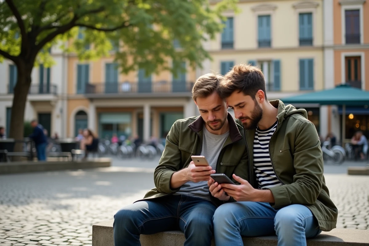 Jeune couple consultant une application de comparaison de loyers à Lyon sur smartphone dans un quartier résidentiel