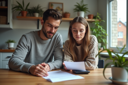 Jeune couple examinant un contrat de location à la maison