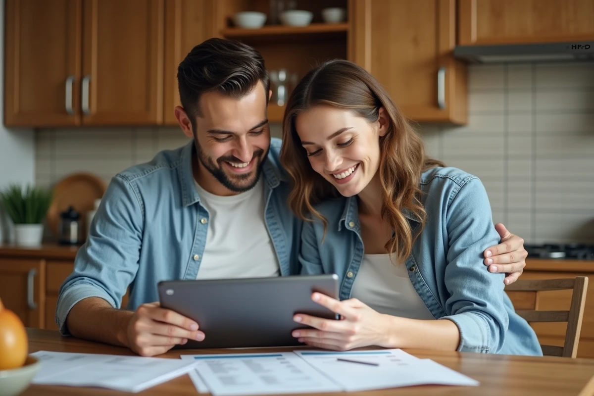 Couple copropriétaire examinant leurs charges centralisées sur le portail MyFoncia depuis leur cuisine