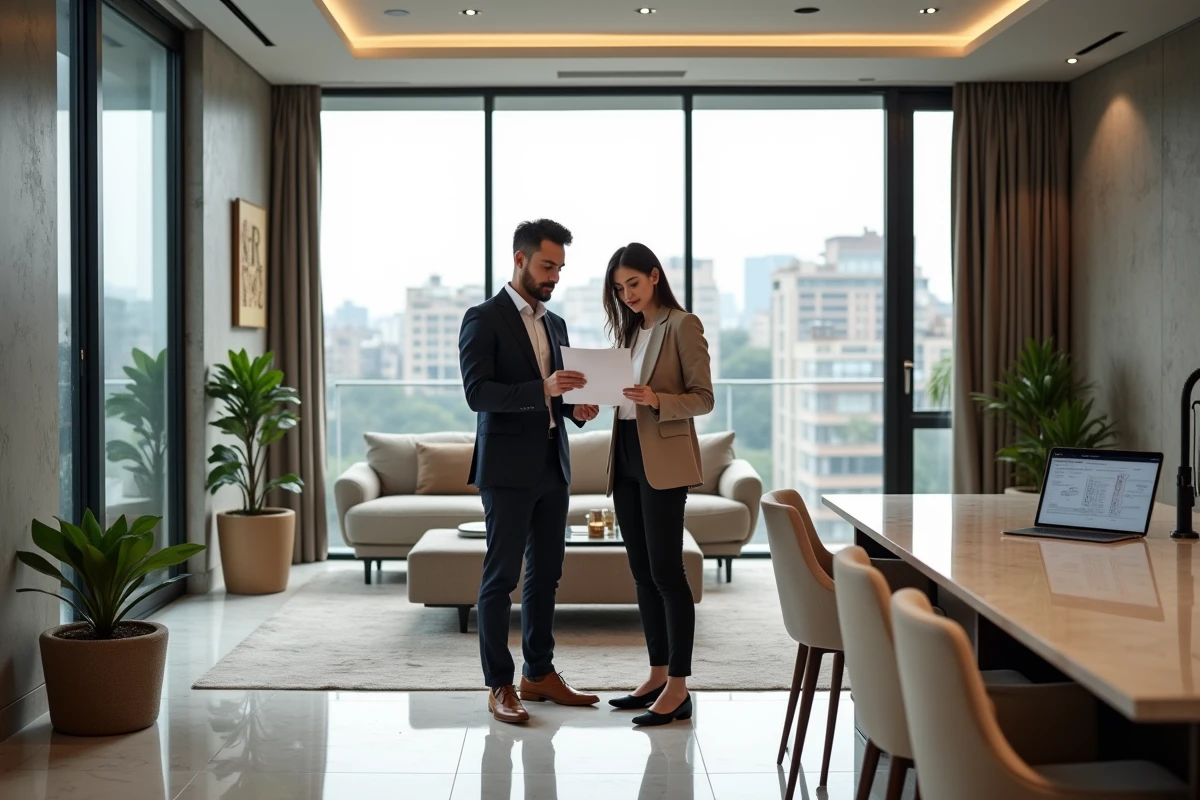 Couple consultant une estimation immobilière dans un appartement de prestige avec vue urbaine panoramique