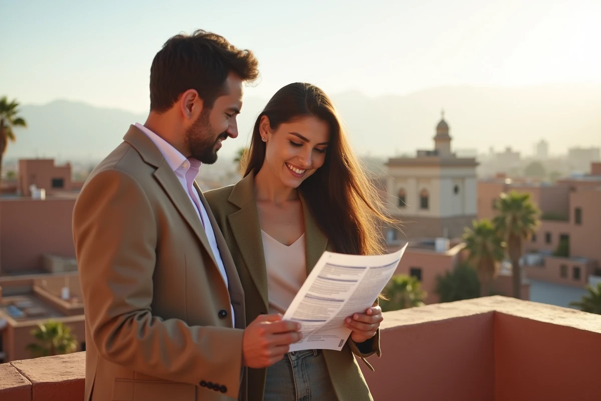 Couple consultant une estimation de prix immobilier sur une terrasse d'appartement à Marrakech avec vue sur la ville