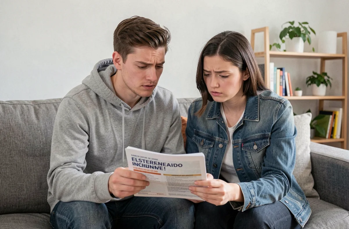 Jeune couple étudiant un contrat d'assurance habitation dans leur appartement à Valence
