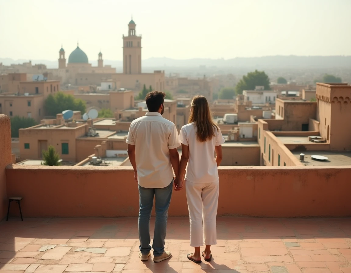 Couple européen visitant un riad à rénover en vente à Fès avec vue panoramique sur la médina