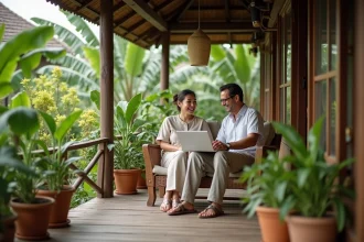 Couple expatrié occidental sur la terrasse en bois d'une maison traditionnelle thaïlandaise abordable entourée de végétation tropicale