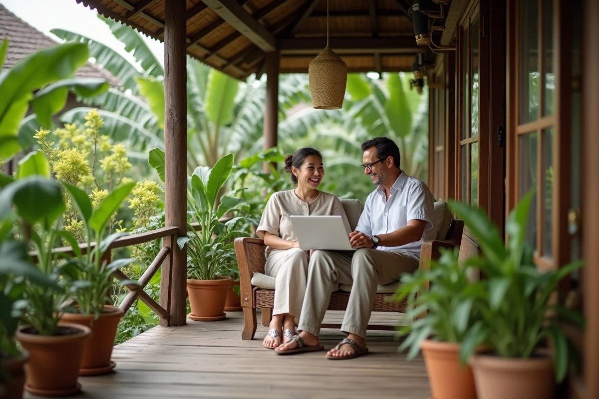 Couple expatrié occidental sur la terrasse en bois d'une maison traditionnelle thaïlandaise abordable entourée de végétation tropicale