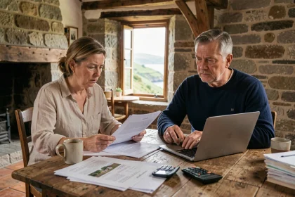 Couple examinant des documents immobiliers dans une maison normande traditionnelle avec vue partielle sur la mer