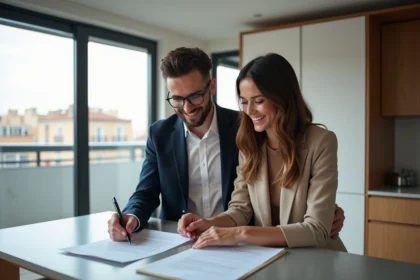 Jeune couple souriant en appartement moderne pour l'immobilier