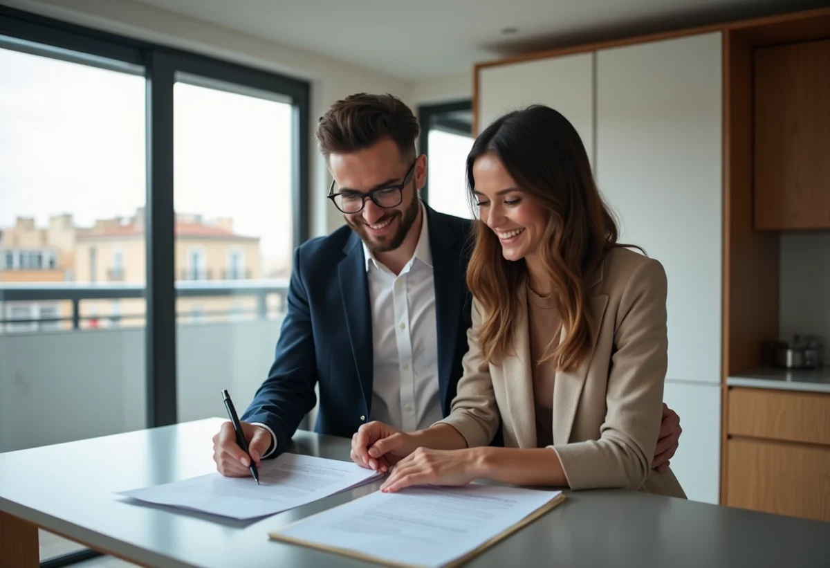 Jeune couple souriant en appartement moderne pour l'immobilier