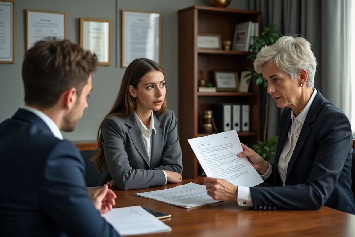 Jeune couple inquiet avec une avocate dans un bureau