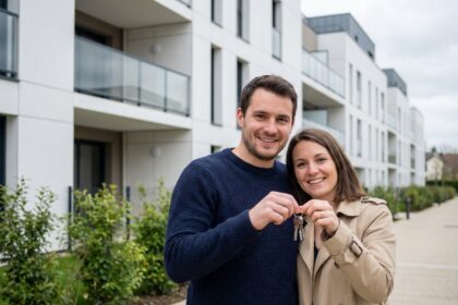 Couple souriant avec clés devant immeuble neuf SaintGregoire
