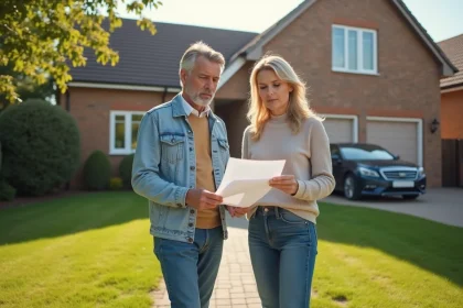 Couple d'adultes devant leur maison ensoleillee