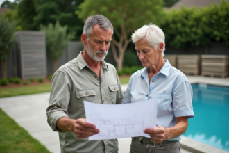 Couple regardant des plans près d'une piscine en construction