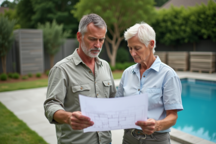 Couple regardant des plans près d'une piscine en construction