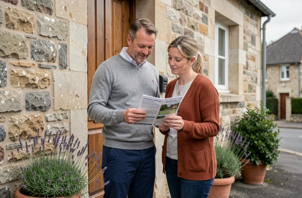 Couple de propriétaires devant leur maison en pierre examinant une brochure d'assurance habitation