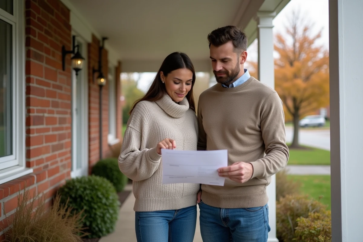 Couple de propriétaires consultant un rapport d'estimation immobilière devant leur maison individuelle en brique