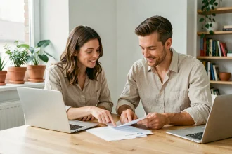 Couple assis à une table en bois rédigeant ensemble une lettre de motivation pour un appartement