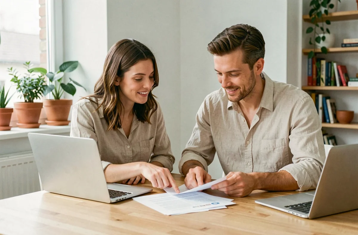 Couple assis à une table en bois rédigeant ensemble une lettre de motivation pour un appartement