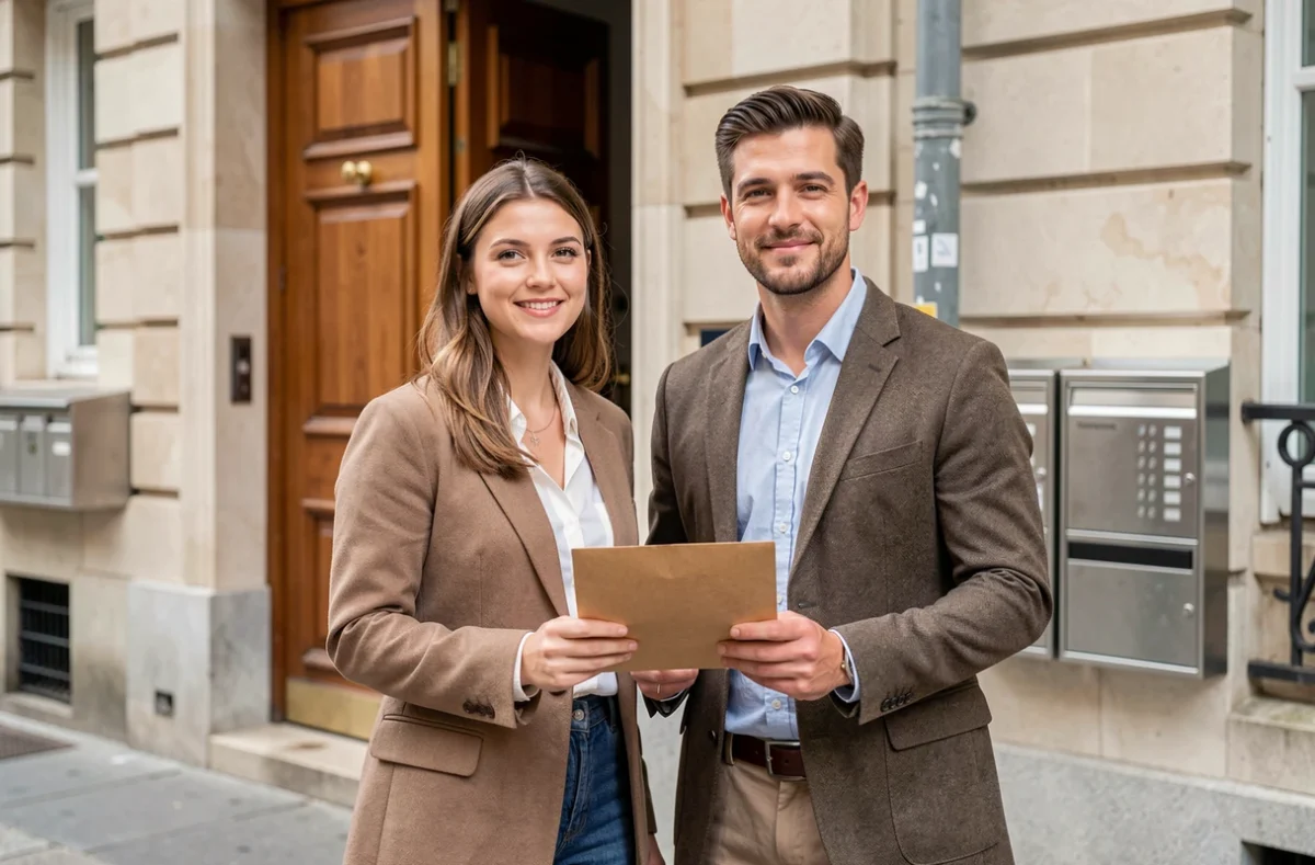 Jeune couple devant l'entrée d'un immeuble résidentiel tenant une enveloppe de dossier de location